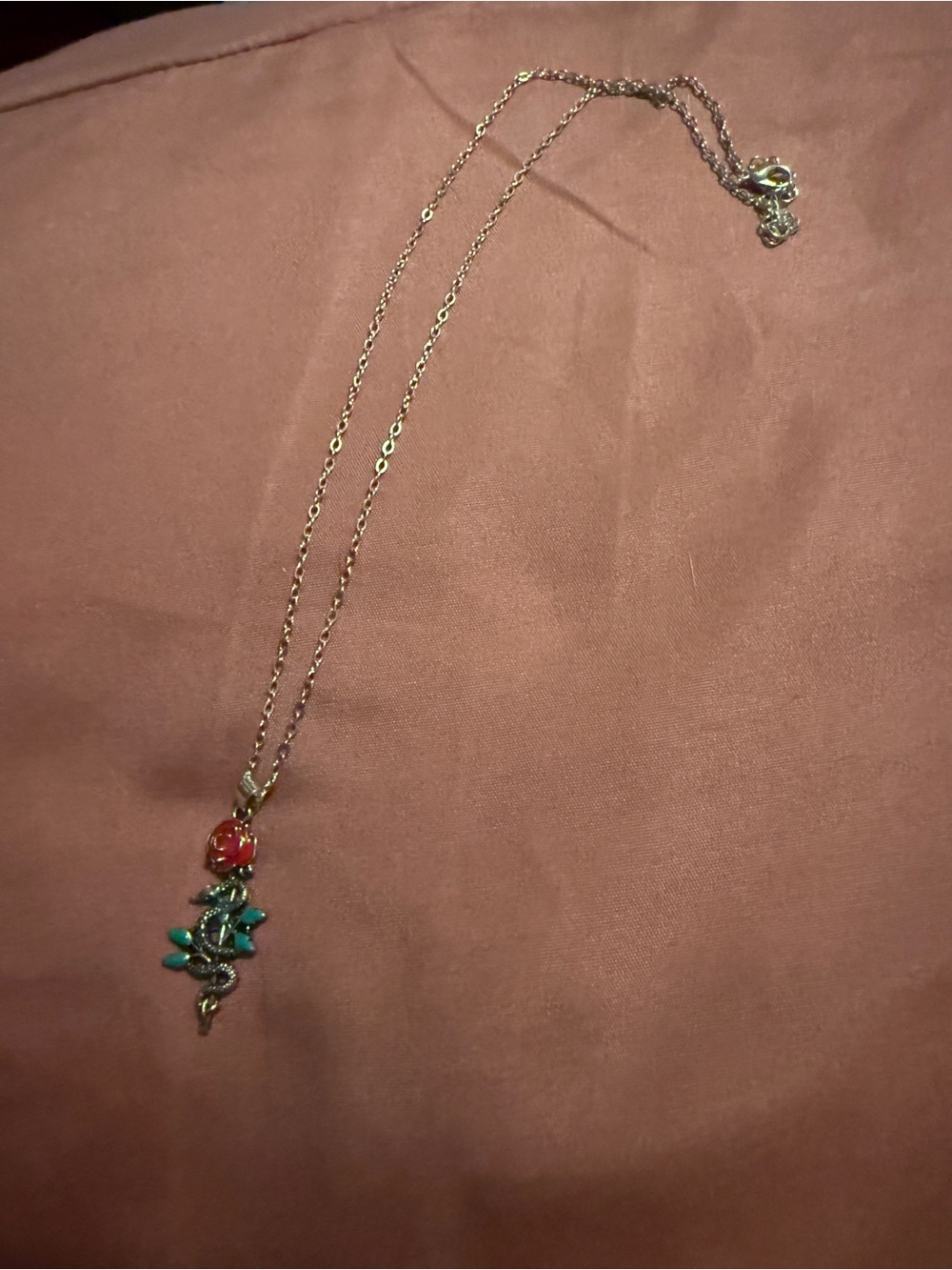 Gold-Tone Floral Pendant Necklace with Red and Turquoise Accents